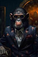 ai gerado macaco chimpanzé vestido dentro a elegante terno com uma agradável gravata. moda retrato do a antropomórfico foto