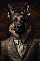 ai gerado cachorro, alemão pastor, vestido dentro uma moderno terno com jaqueta. moda retrato do a antropomórfico foto