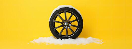 ai gerado marca Novo inverno carro pneus exibido contra uma Nevado amarelo pano de fundo, inverno pneus pronto para inverno foto