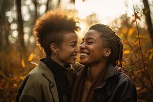 ai gerado feliz sorridente lésbica casal dentro amor, amigas abraçando e sorridente dentro natureza às pôr do sol, outono foto