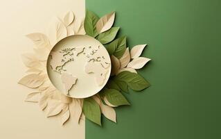 ai gerado papel terra globo cercado de verde bege folhagem, símbolo do de Meio Ambiente proteção e Cuidado do foto