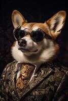 ai gerado cachorro, corgi vestido dentro a elegante moderno floral terno. moda retrato do a antropomórfico animal, foto