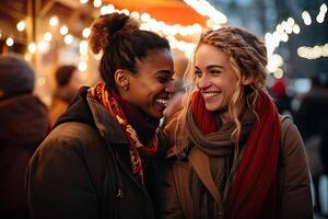 ai gerado feliz sorridente lésbica casal dentro amor, amigas abraçando e sorridente às Natal mercado, inverno foto
