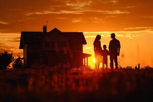 ai gerado feliz família em pé em seus casa e abraçando. comprando casa do Sonhe. hipoteca, casa empréstimo conceito. generativo ai foto