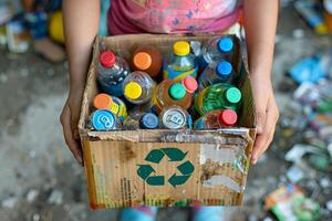 ai gerado mãos segurando uma reciclando caixa preenchidas com vários reciclável Itens em de praia ..ambiente dia conceito. generativo ai foto