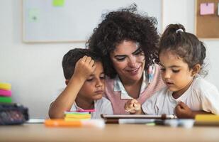 professor com crianças usando digital tábua dentro pré escola Sala de aula - Educação e tecnologia conceito foto