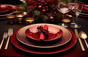 ai gerado uma mesa configuração decorado para Natal com vermelho e ouro pratos e talheres foto