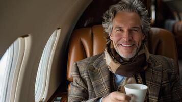 ai gerado uma homem de negocios sorridente, segurando uma xícara, e olhando Fora do uma janela dentro uma privado avião foto