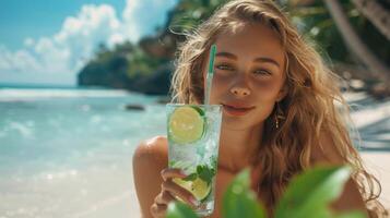 ai gerado lindo jovem menina bebidas uma Mojito enquanto sentado em a Branca de Neve areia em a Havaí de praia com ampla copyspace área foto