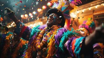 ai gerado uma animado mardi gras celebração cena, com vibrante trajes, animado música foto