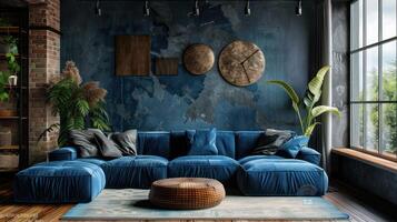 ai gerado lindo moderno vivo quarto dentro loft estilo dentro Sombrio azul e Preto tons foto