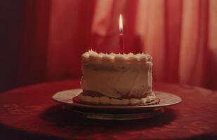 ai gerado uma aniversário bolo e vela, com uma aniversário mensagem em uma vermelho fundo, luz vermelho e carmesim foto