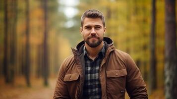 ai gerado uma homem vestindo uma xadrez camisa e Sombrio Castanho Jaqueta carrinhos dentro a floresta, voltado para a Câmera, com amplo espaço para texto. foto