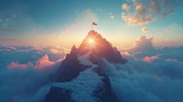 ai gerado conceito do uma radiante caminho para sucesso com uma bandeira em a pico do uma montanha foto