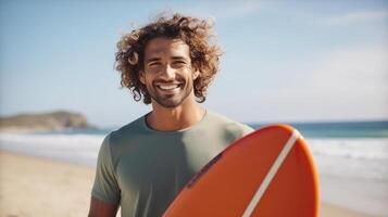 ai gerado uma bonito sorridente homem com encaracolado cabelo carrinhos perto a oceano e detém uma prancha de surfe dentro dele mãos foto