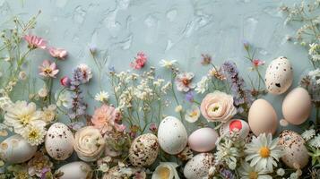 ai gerado a Páscoa floral fundo apresentando uma variedade do ovos e cascas de ovo adornado com natural botânico elementos foto