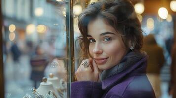 ai gerado uma lindo jovem mulher dentro uma roxa casaco examina uma anel dentro a janela do uma joalheria loja foto