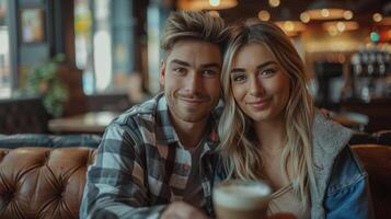 ai gerado uma jovem lindo casal é sentado em uma sofá dentro uma clássico café fazer compras dentro a Centro do cidade foto