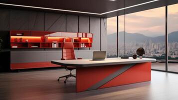 ai gerado a exótico, minimalista escritório Projeto com uma ampla janela dentro laranja estilo foto