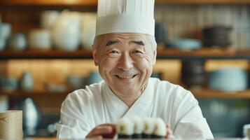 ai gerado uma sorridente japonês chefe de cozinha, adornado dentro tradicional traje, olhares fixos calorosamente para dentro a Câmera enquanto segurando uma Sushi lista foto