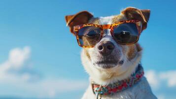 ai gerado uma humorístico cachorro é a comemorar enquanto vestindo festivo aniversário oculos de sol foto