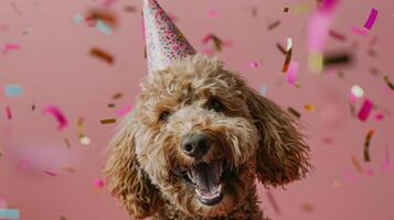 ai gerado uma alegre e adorável labradoodle cachorro, vestindo uma festa chapéu, é a comemorar às uma aniversário festa foto