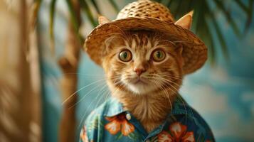 ai gerado elegante gato dentro verão chapéu e havaiano camisa foto