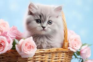 ai gerado fechar-se fofa cinzento pequeno gato sentado em uma vime cesta com Rosa flores em uma azul fundo foto