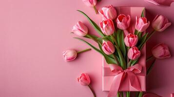 ai gerado uma à moda Rosa presente caixa com uma fita arco e uma ramalhete do tulipas foto