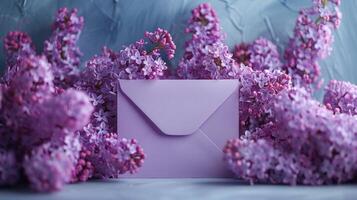 ai gerado a esvaziar roxa envelope com Primavera lilás flores contra azul. foto