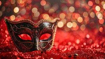 ai gerado veneziano máscaras em vermelho brilhar com brilhante serpentinas contra abstrato desfocado bokeh luzes. foto