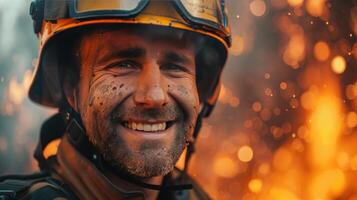 ai gerado uma orgulhoso bombeiro, vestindo dele uniforme e capacete, pisca uma confiante sorriso, exalando bravura e determinação foto