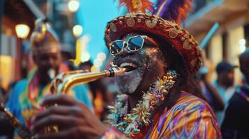 ai gerado uma animado mardi gras celebração cena, com vibrante trajes, animado música foto