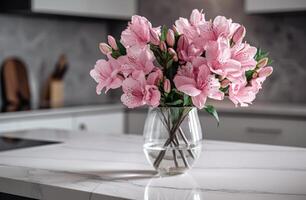 ai gerado Rosa flores dentro uma vidro vaso em uma cozinha bancada foto