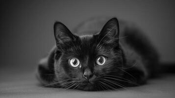 ai gerado uma lustroso Preto gato salões graciosamente, Está olhar piercing através a lente com uma sentido do mistério foto