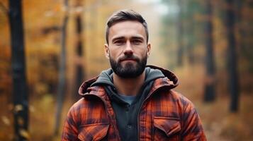 ai gerado uma homem vestindo uma xadrez camisa e Sombrio Castanho Jaqueta carrinhos dentro a floresta, voltado para a Câmera, com amplo espaço para texto. foto