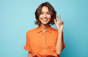 ai gerado uma senhora dentro a laranja camisa faz a Paz placa foto