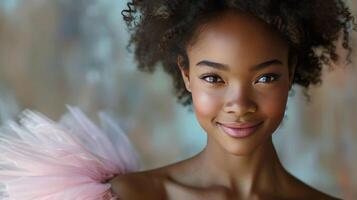 ai gerado a elegante balé dançarino, vestido dentro uma gracioso tutu, feixes com alegria Como ela poses graciosamente para a Câmera foto