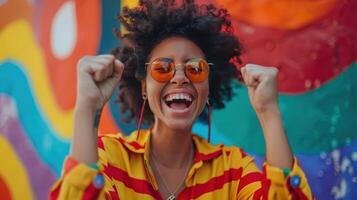 ai gerado imagem do uma jubiloso mulher a comemorar alto com dela punho elevado dentro vitória depois de ganhando a loteria foto