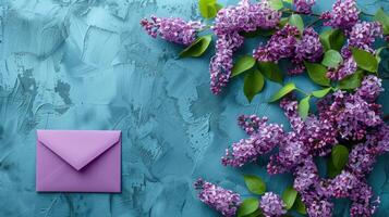 ai gerado a arranjo apresentando a esvaziar roxa envelope e adorável Primavera lilás flores conjunto contra uma azul pano de fundo foto