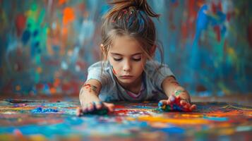 ai gerado uma jovem artista profundamente concentrado em pintura, seus imaginação espirrando cor através a tela de pintura foto