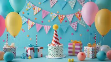 ai gerado aniversário festa decorações incluir balões, serpentinas, chapéus, e presente caixas em minimalista azul fundo foto