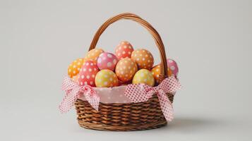 ai gerado Páscoa ovos dentro uma cesta com uma arco, isolado em uma branco fundo foto