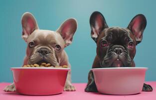 ai gerado dois francês bulldogs comer cachorro Comida cachorro Comida foto