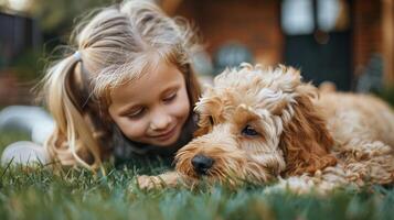 ai gerado uma pequeno menina com loiro cabelo tocam com uma fofo loiro cachorro em a Relva perto a casa foto