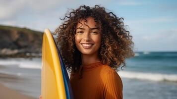 ai gerado uma bonito sorridente mulher com encaracolado cabelo carrinhos perto a oceano e detém uma prancha de surfe dentro dele mãos foto