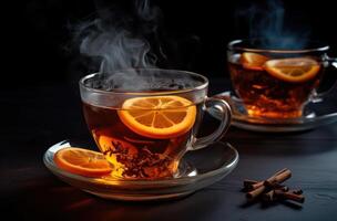ai gerado chá com fatias do limão e laranja em Sombrio fundo foto