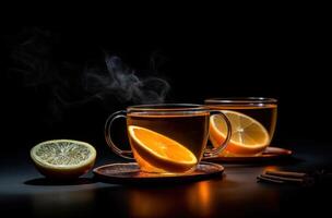 ai gerado chá com fatias do limão e laranja em Sombrio fundo foto