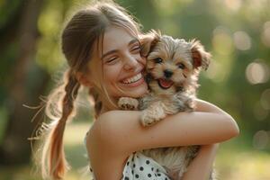 ai gerado uma jovem lindo mulher dentro uma branco vestir com Preto polca pontos é segurando uma yorkshire terrier cachorro dentro dela mãos foto