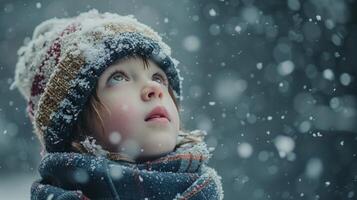 ai gerado uma criança primeiro encontro com neve, tocante a frio com maravilha e espanto foto